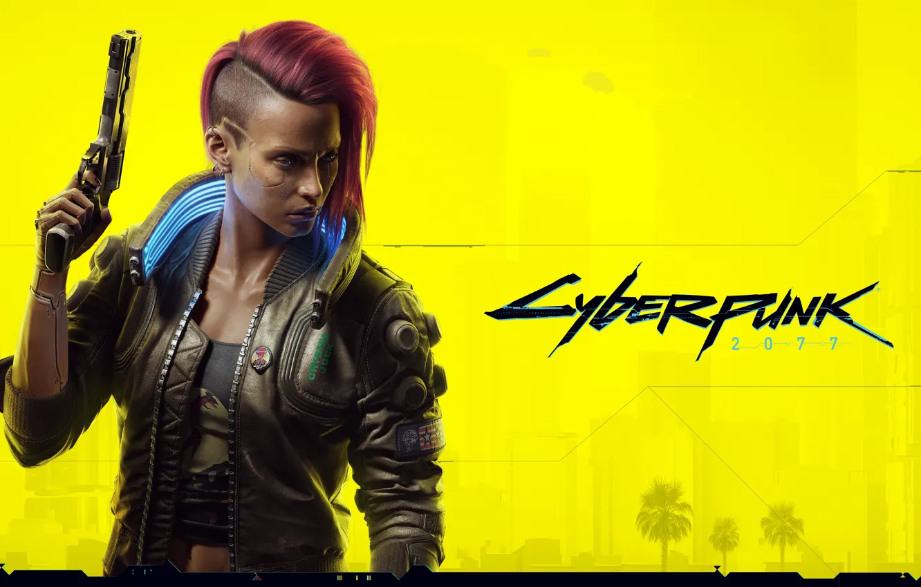 Фото обои gun, character, yellow, cyberpunk, female, Cyberpunk 2077, jacket, cyberpunk 2077