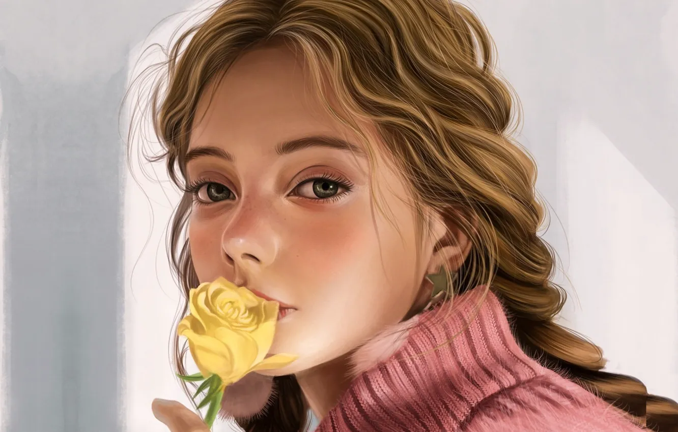 Фото обои розовый, серый фон, свитер, портрет девушки, желтая роза, Vincent Chu
