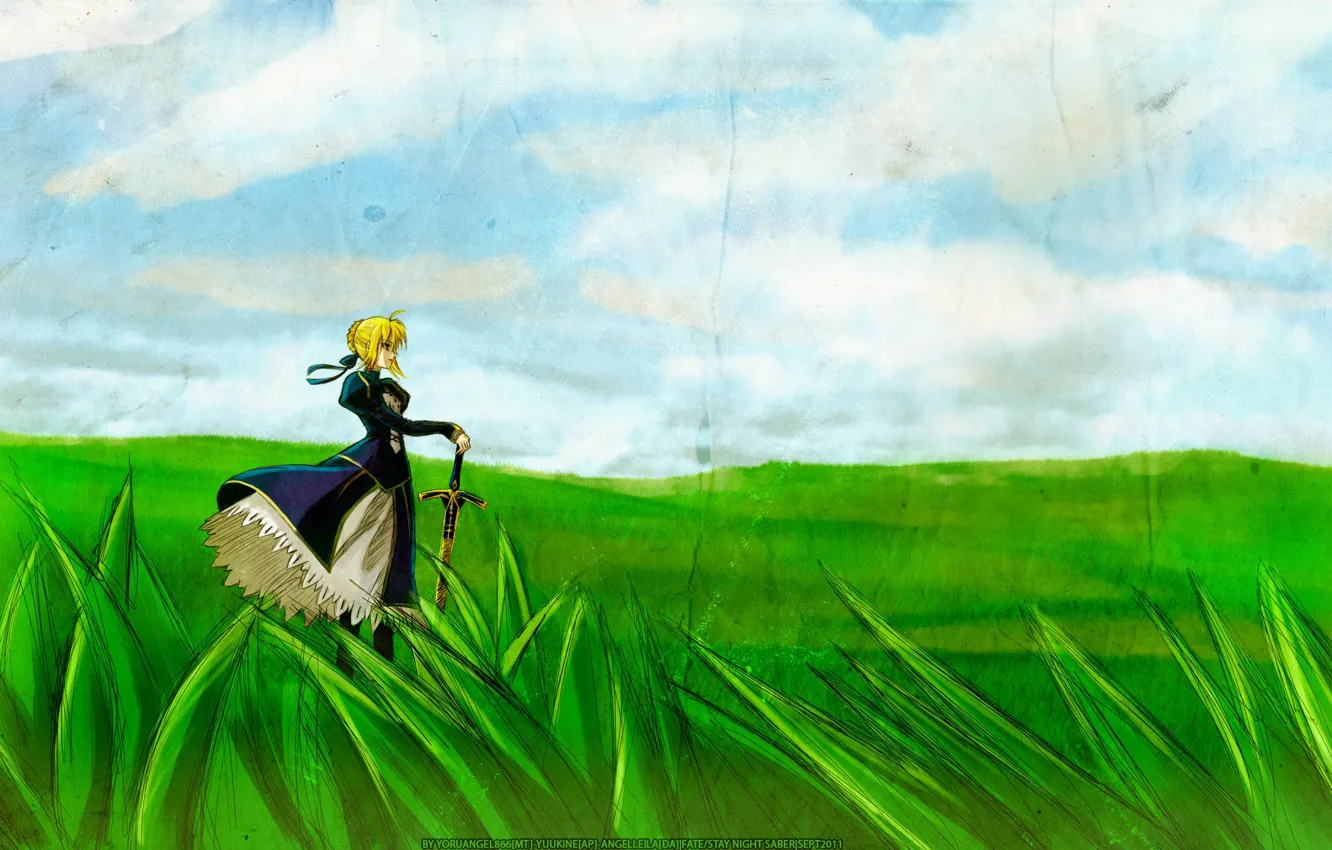 Фото обои поле, трава, девушка, ветер, текстура, сейбер, Судьба ночь схватки, Fate / Stay Night