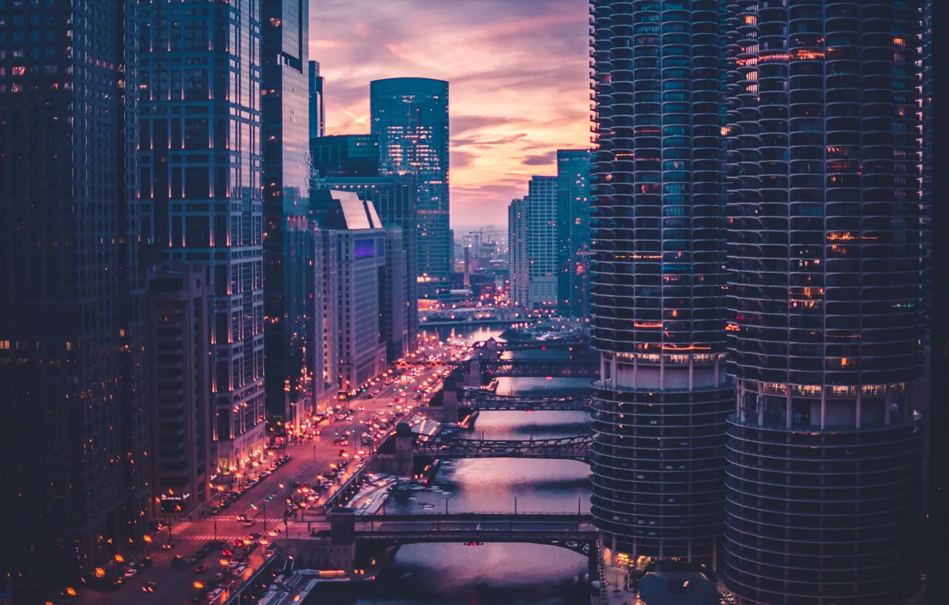 Фото обои город, движение, небоскребы, Чикаго, USA, США, мосты, Chicago