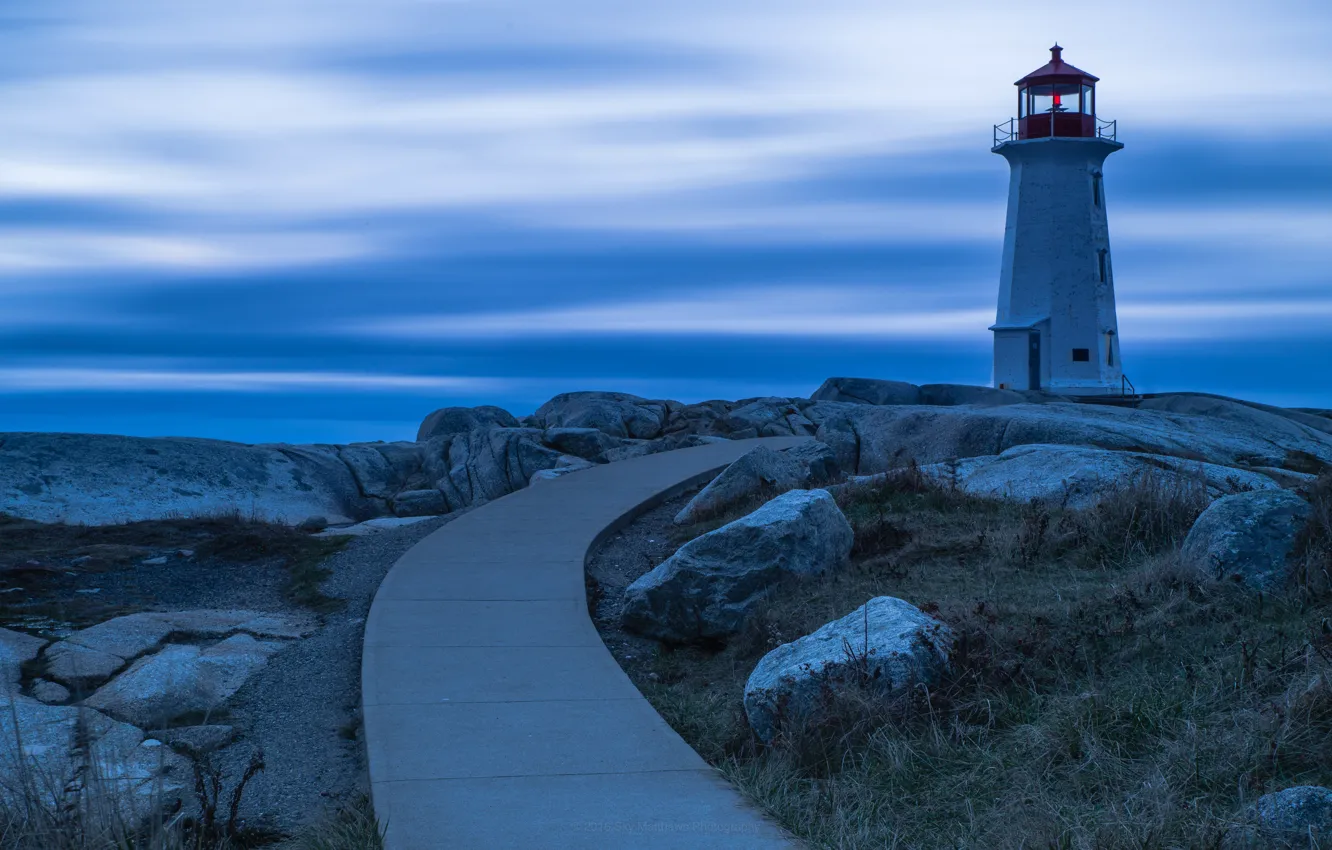 Фото обои дорога, пейзаж, природа, камни, океан, маяк, Канада, сумерки, Peggy's Cove Lighthouse