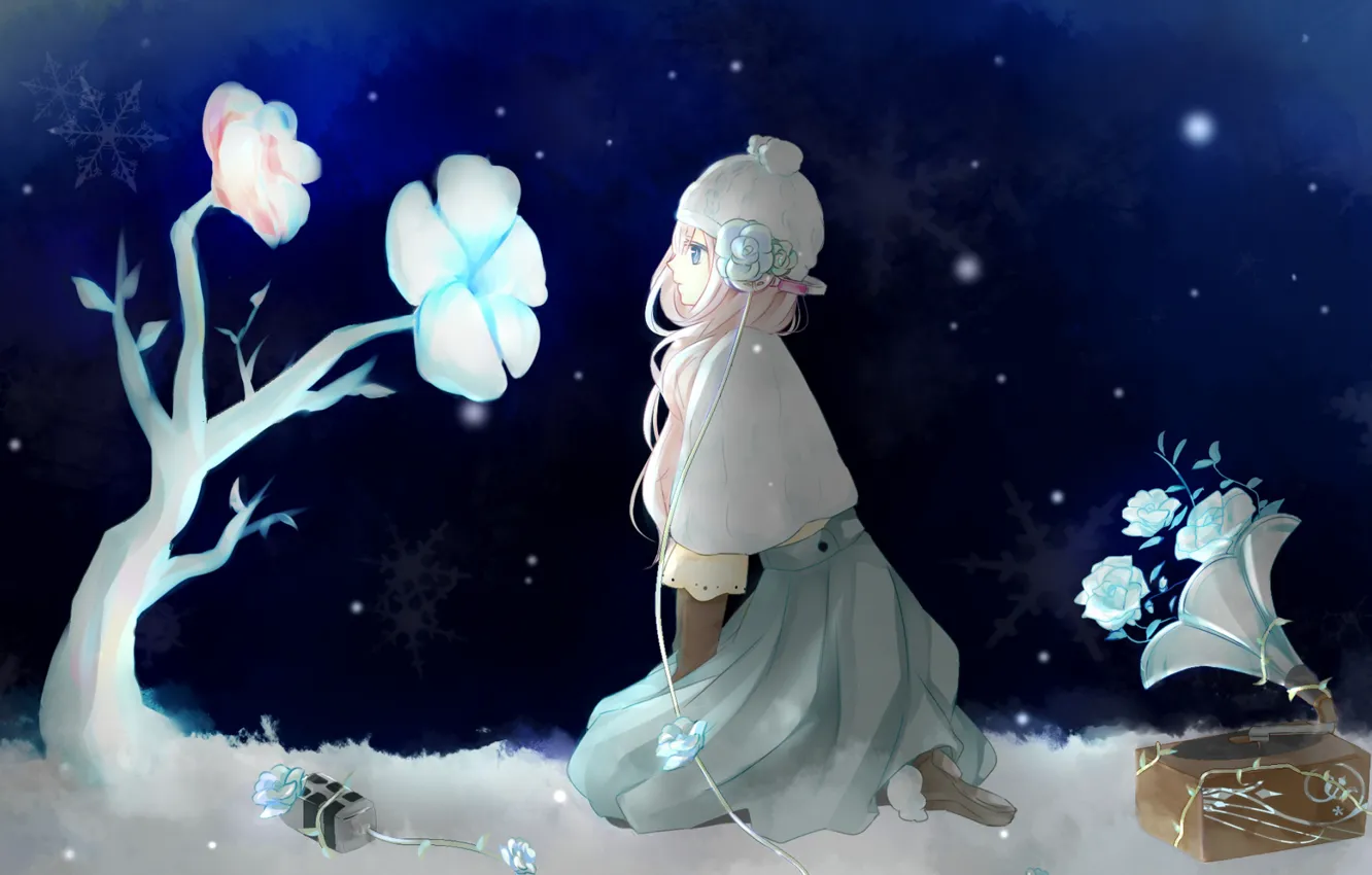 Фото обои зима, снежинки, vocaloid, Hatsune Miku, грамофон, белые цветы, new yaer, снег зимой, сидит на коленях, …