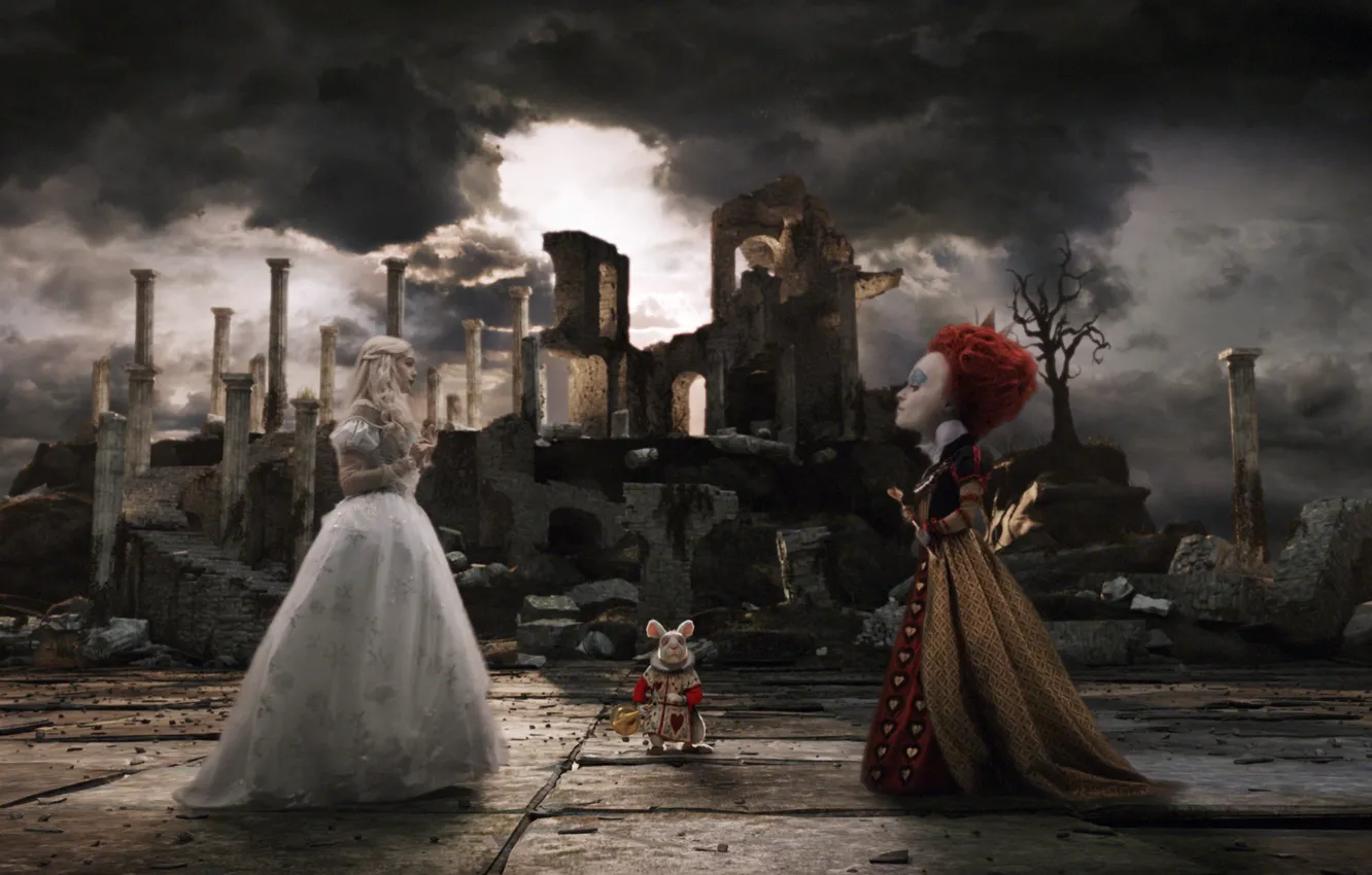 Фото обои руины, алиса в стране чудес, Alice in Wonderland, поединок, red queen, white queen, white rabbit, …