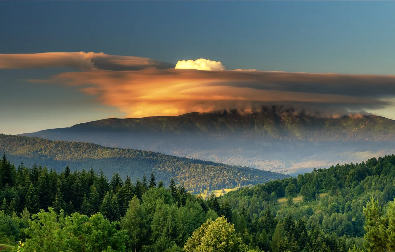 Фото обои облака, пейзаж, горы, природа, рассвет, холмы, утро, Польша, леса