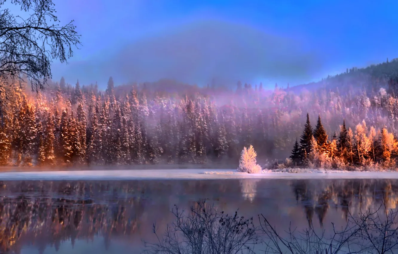 Фото обои зима, лес, снег, деревья, пейзаж, природа, туман, озеро, отражение, берег, Канада, Квебек, Alain Audet