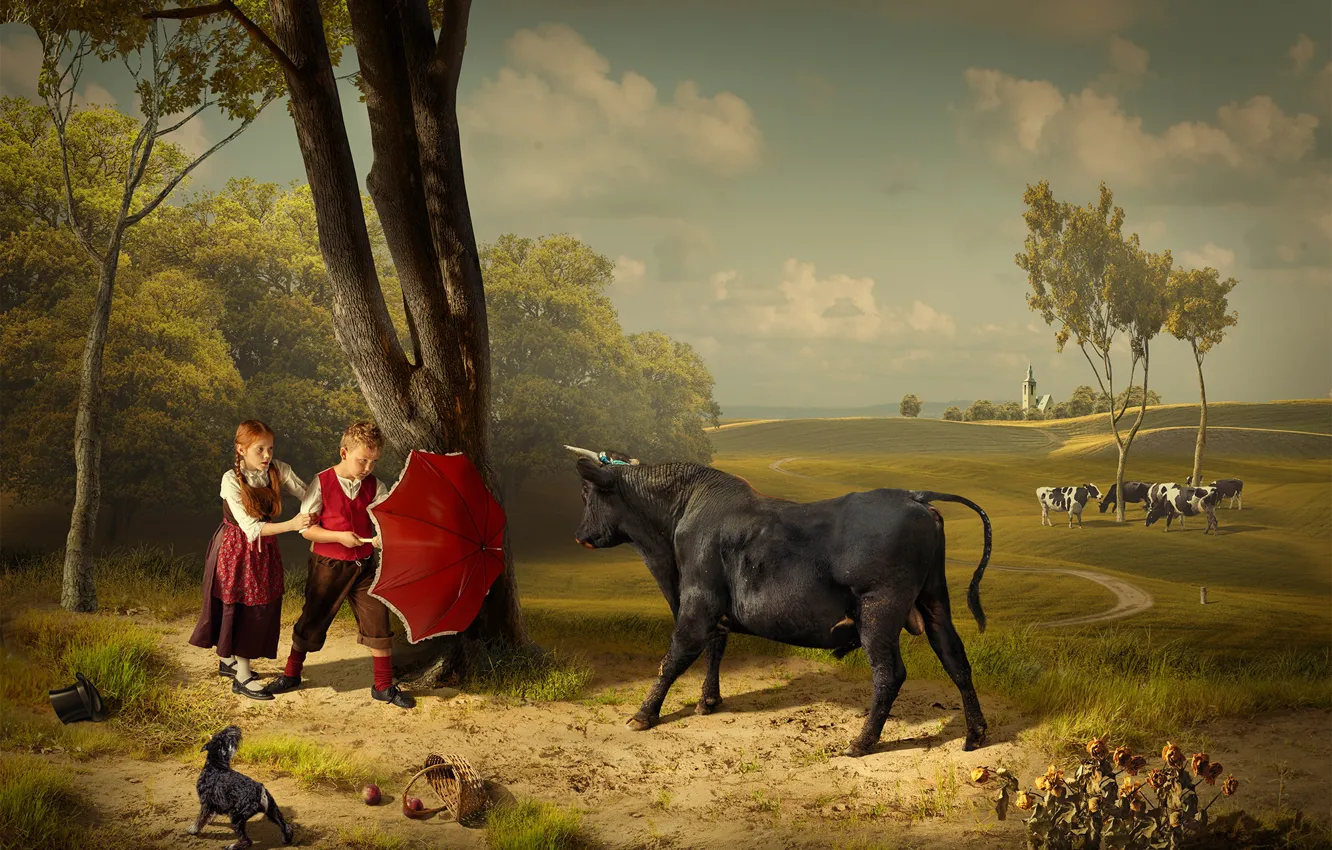 Фото обои деревья, дети, зонтик, ситуация, собака, мальчик, коровы, луг, девочка, бык, Дмитрий Усанин