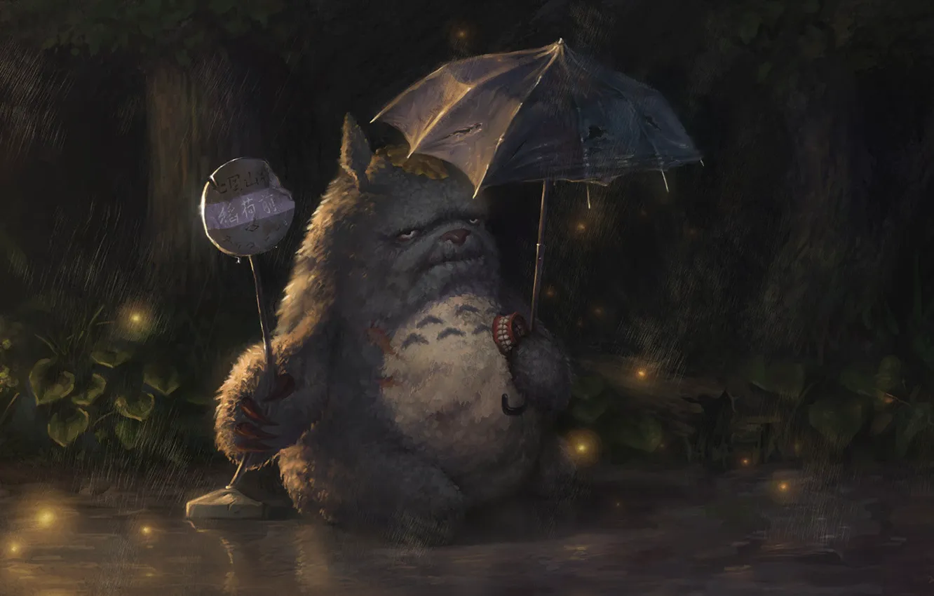Фото обои зонт, дедушка, Тоторо, Totoro, вставная челюсть, рваный зонт