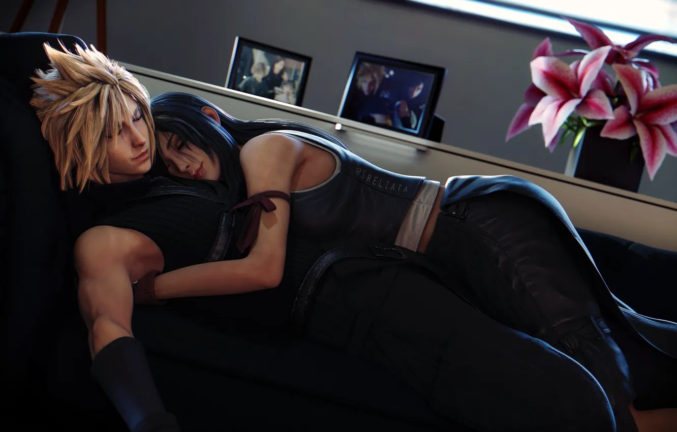 Фото обои девушка, романтика, парень, двое, спят, Final Fantasy VII, Cloud Strife...
