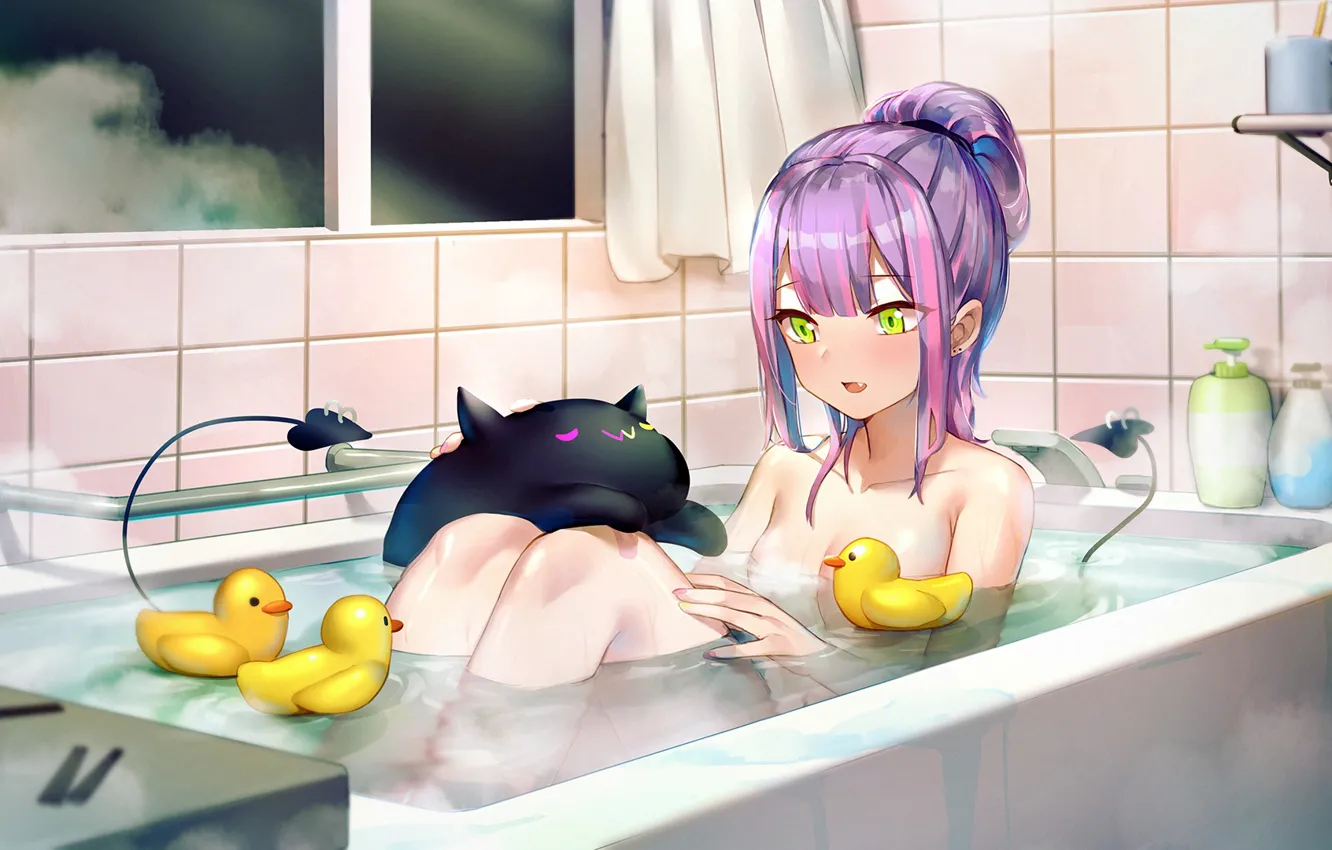 Фото обои девушка, демон, ванная, уточки, Towa Tokoyami