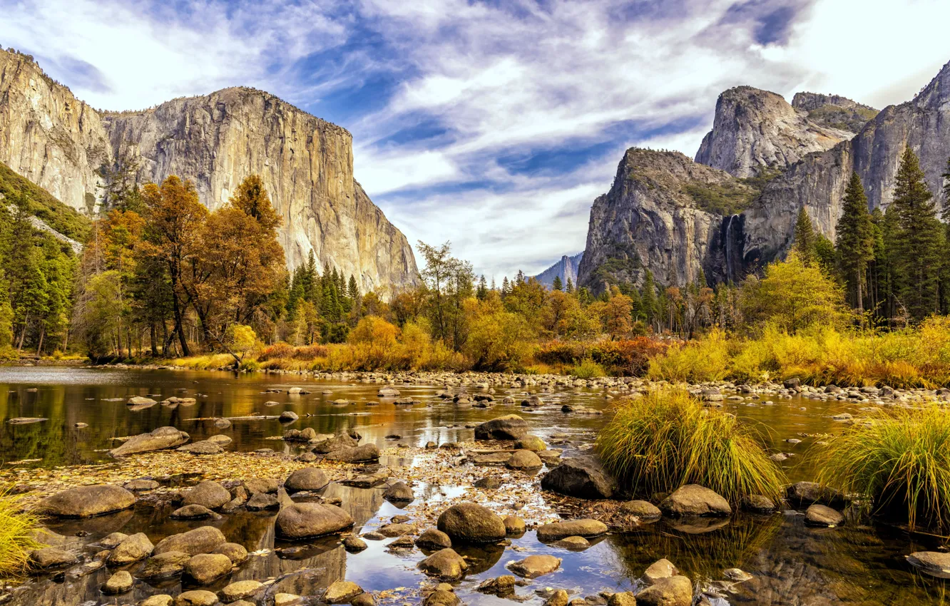 Фото обои Горы, Деревья, Калифорния, США, Речка, California, Национальный парк Йосемити, Yosemite National Park, View of Yosemite …