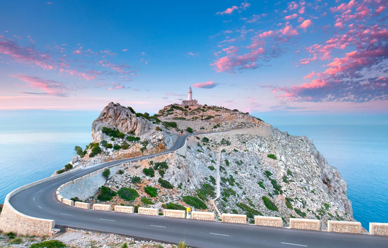 Фото обои дорога, море, облака, маяк, Испания, Мальорка