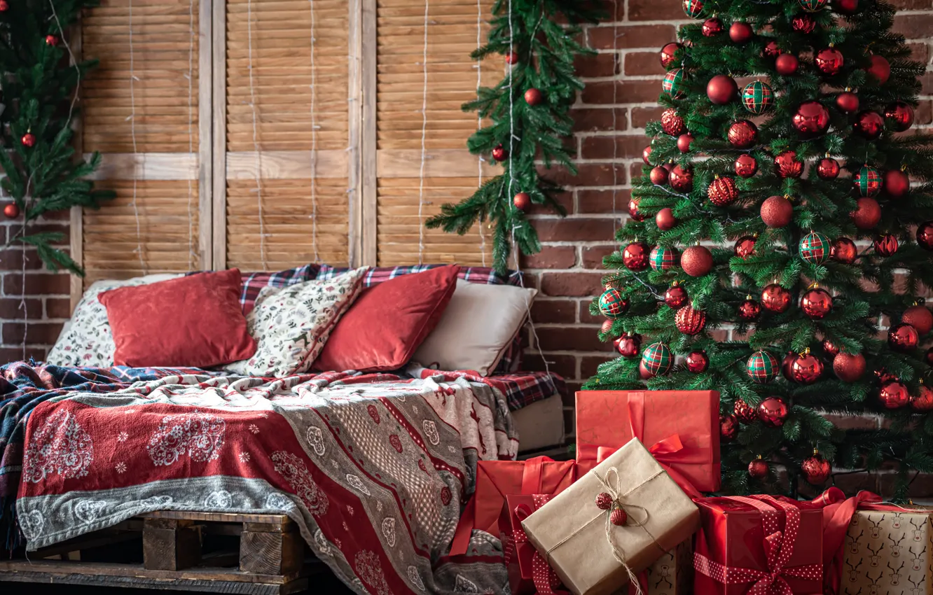 Фото обои украшения, елка, интерьер, Рождество, подарки, Новый год, christmas, new year, wood, merry, interior, bedroom, decoration