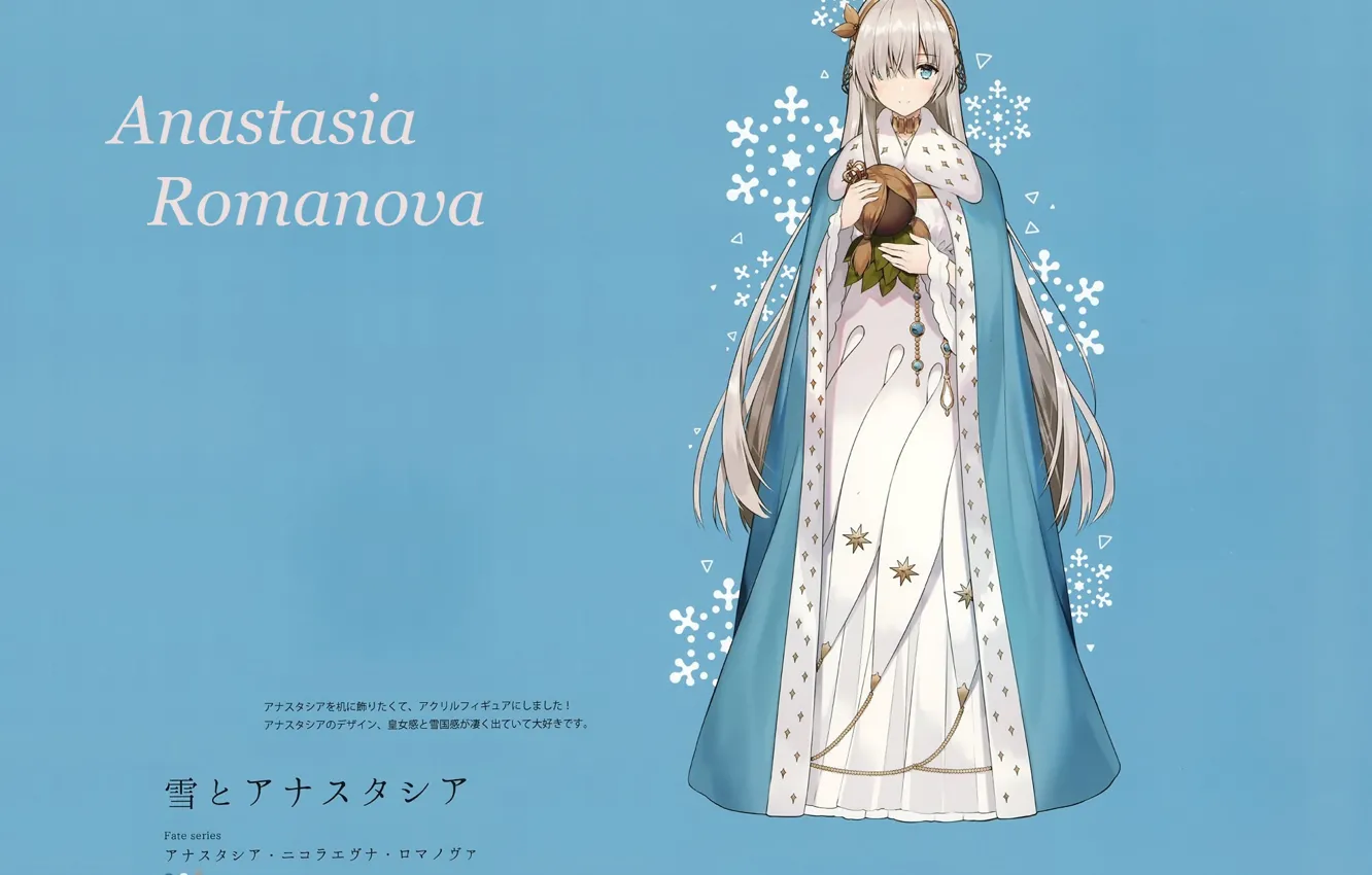 Фото обои снежинки, мантия, иероглифы, кукла вуду, длинные белые волосы, Fate / Grand Order, Судьба великая кампания, …