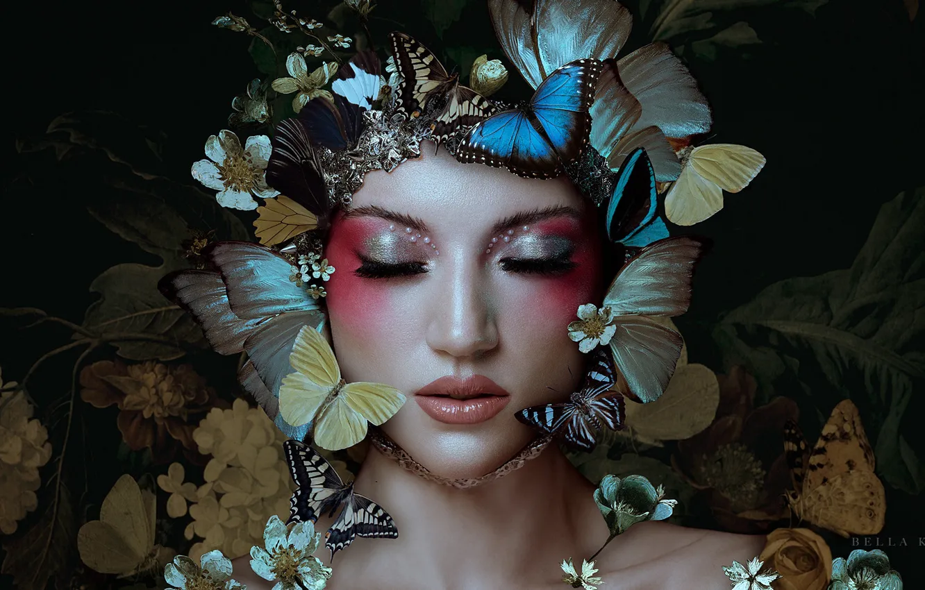 Фото обои девушка, бабочки, цветы, лицо, стиль, макияж, закрытые глаза, Bella Kotak, Jordan Ebbitt