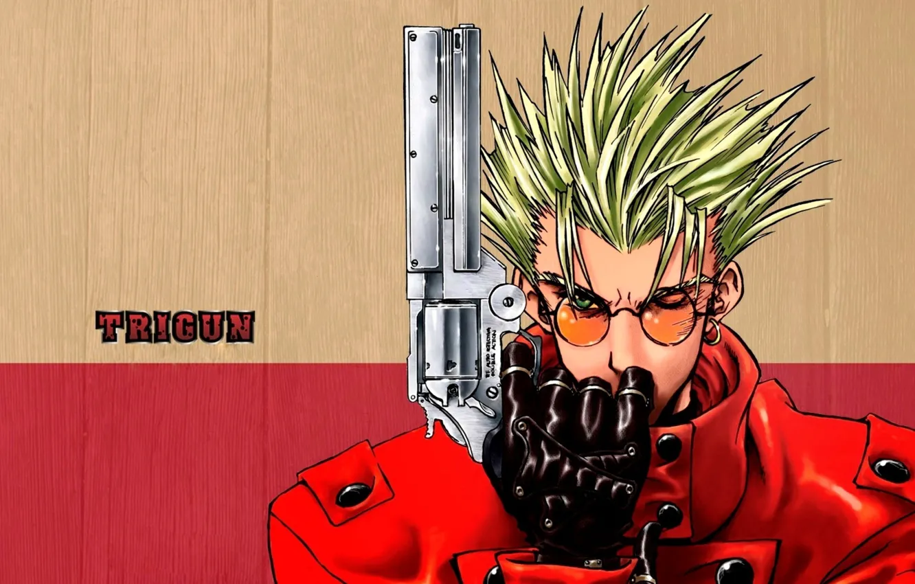 Фото обои Red, Art, Anime, Wood, Colt, Weapon, Trigun, Man, Glasses, Pose, Gloves, Letters, Leather, Character, Vash …