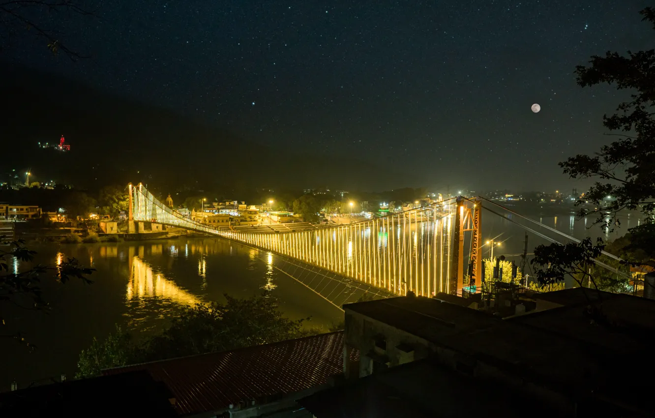 Фото обои lights, moon, photography, nature, life, bridge, sony, beauty, india, nightlife, landscap, stard, rishikesh