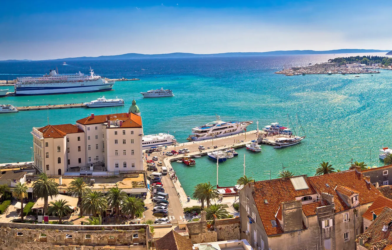 Фото обои море, город, корабли, порт, набережная, Хорватия, Сплит, Ядран. 