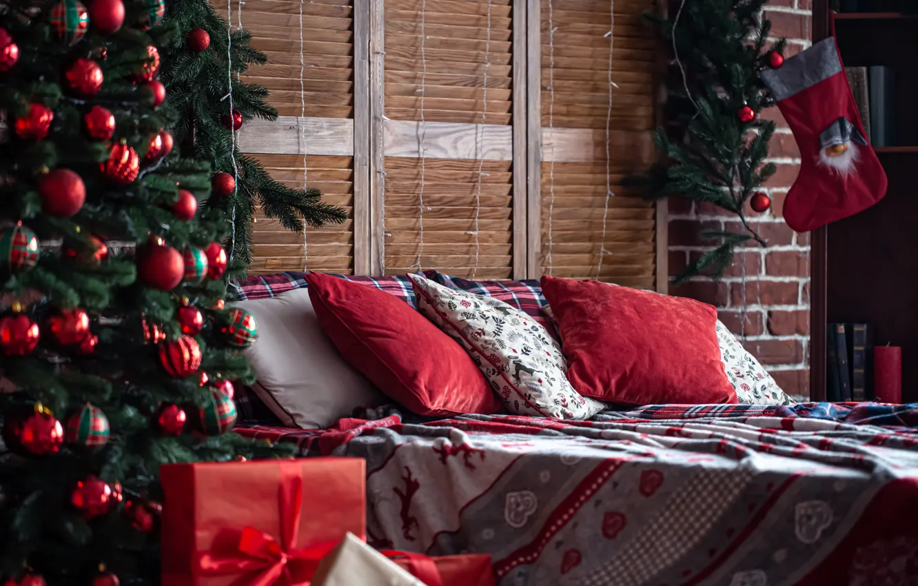 Фото обои украшения, елка, интерьер, Рождество, подарки, Новый год, christmas, new year, wood, merry, interior, bedroom, decoration