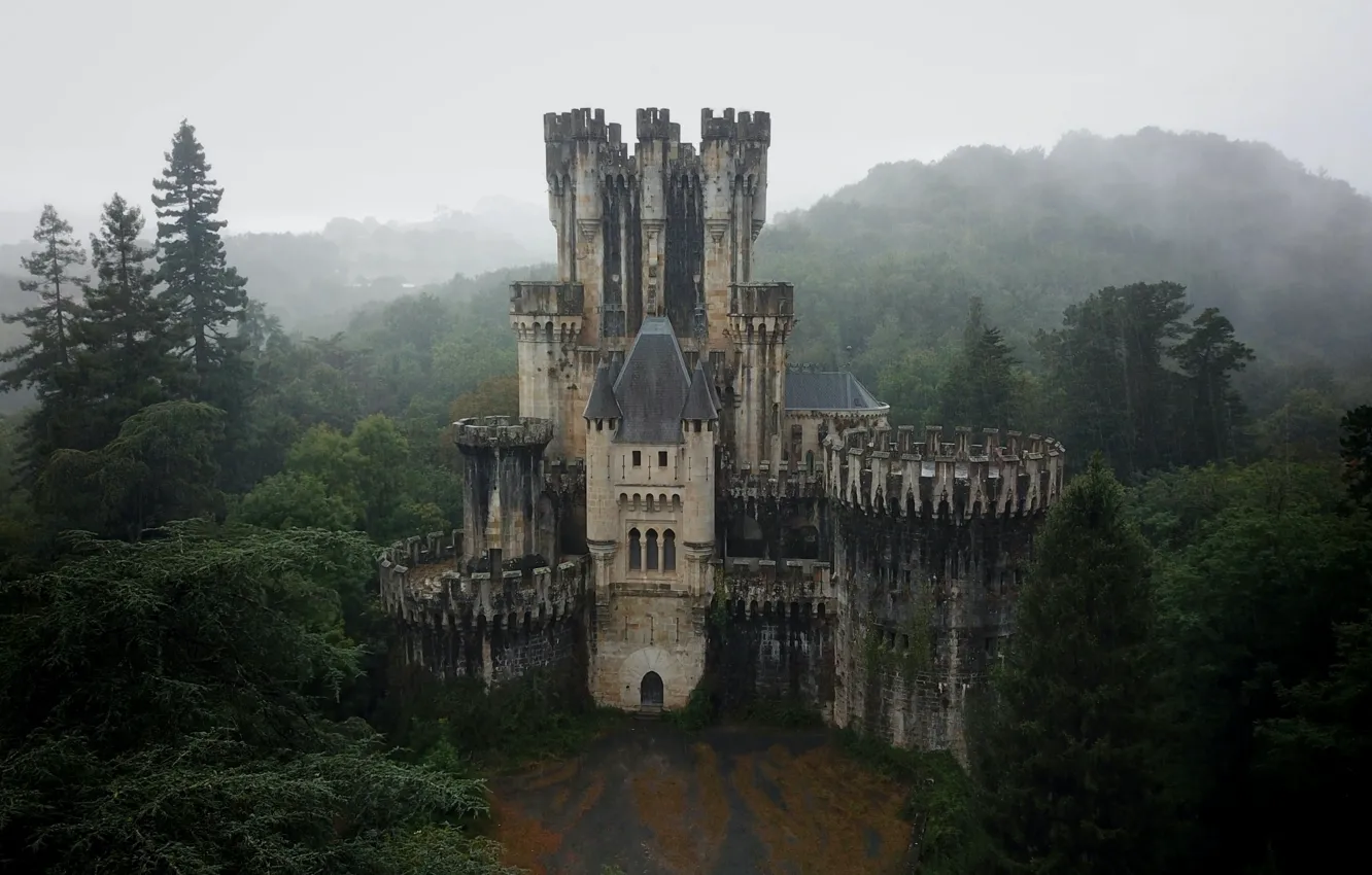 Фото обои лес, небо, деревья, туман, дождь, пасмурно, архитектура, Испания, Бискайя, замок Бутрон