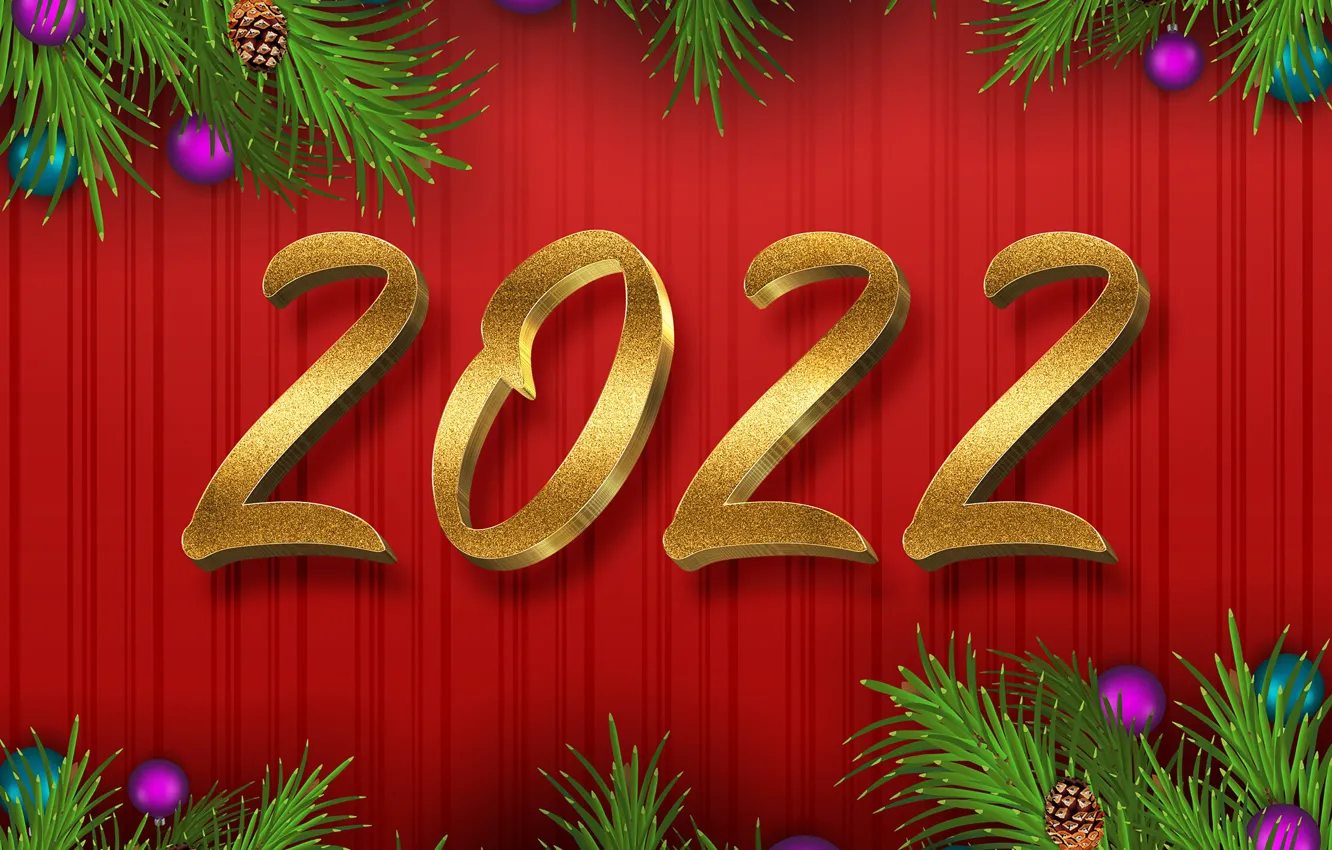 Фото обои красный, фон, шары, цифры, Новый год, украшение, new year, декор, 2022