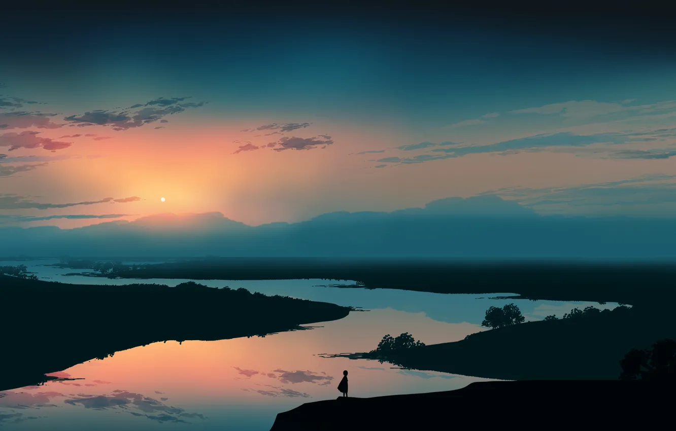 Фото обои небо, закат, природа, река, девочка, сумерки, постапокалипсис, by Gracile