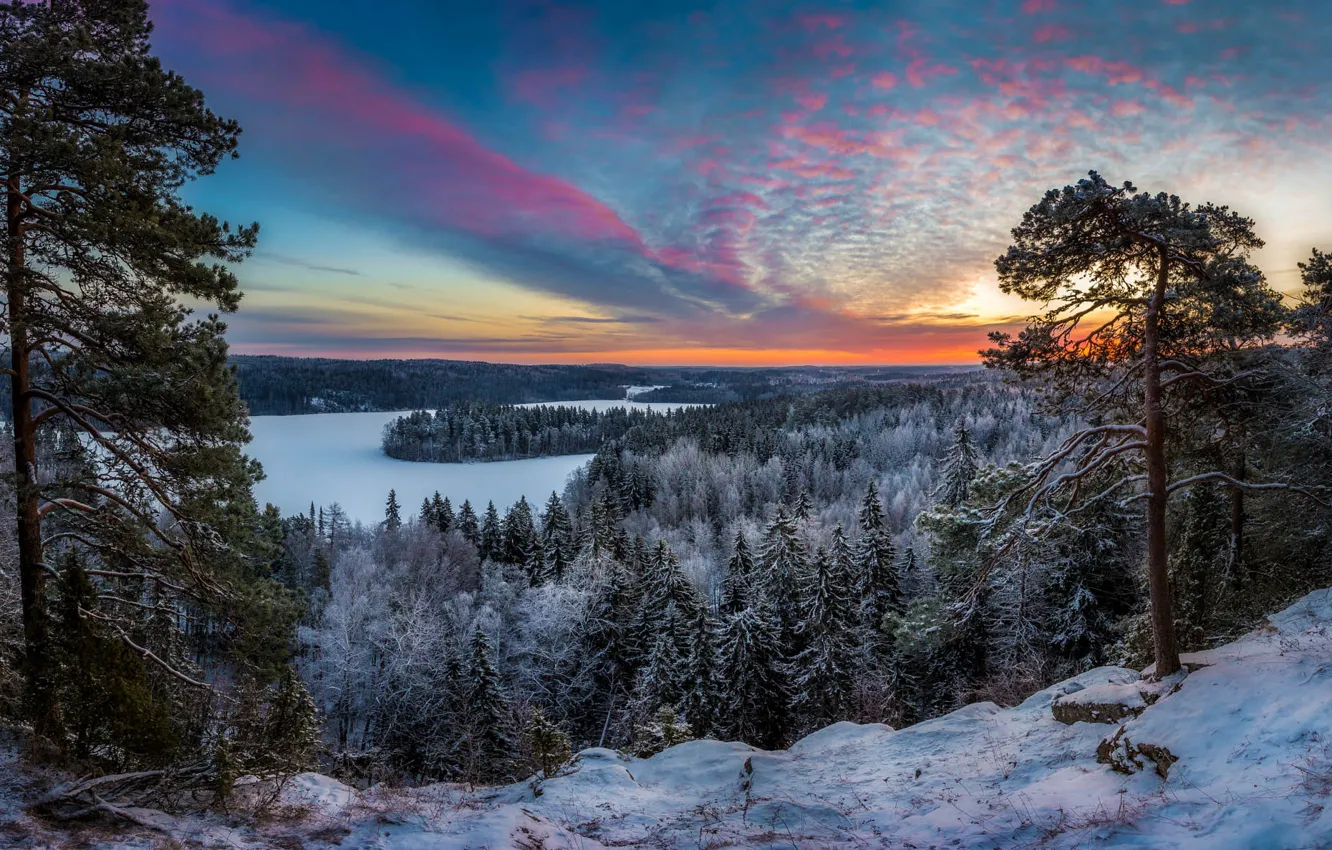 Фото обои зима, снег, пейзаж, закат, природа, озеро, леса, берега, Финляндия, Хямеэнлинна