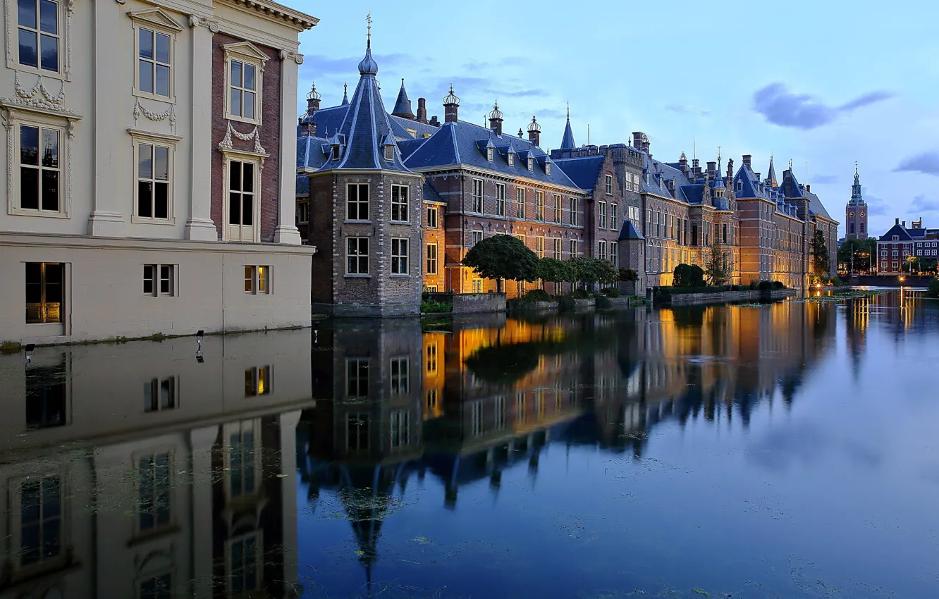 Фото обои озеро, пруд, отражение, здания, дома, Нидерланды, Netherlands, Гаага, The Hague, Binnenhof, Бинненхоф, Hofvijver