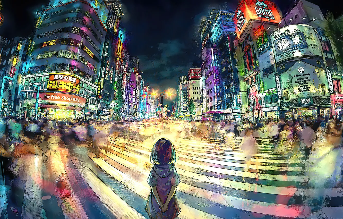 Фото обои движение, люди, дома, Токио, перекресток, девочка, иероглифы, girl, ночной город, people, houses, traffic, tokyo, night …