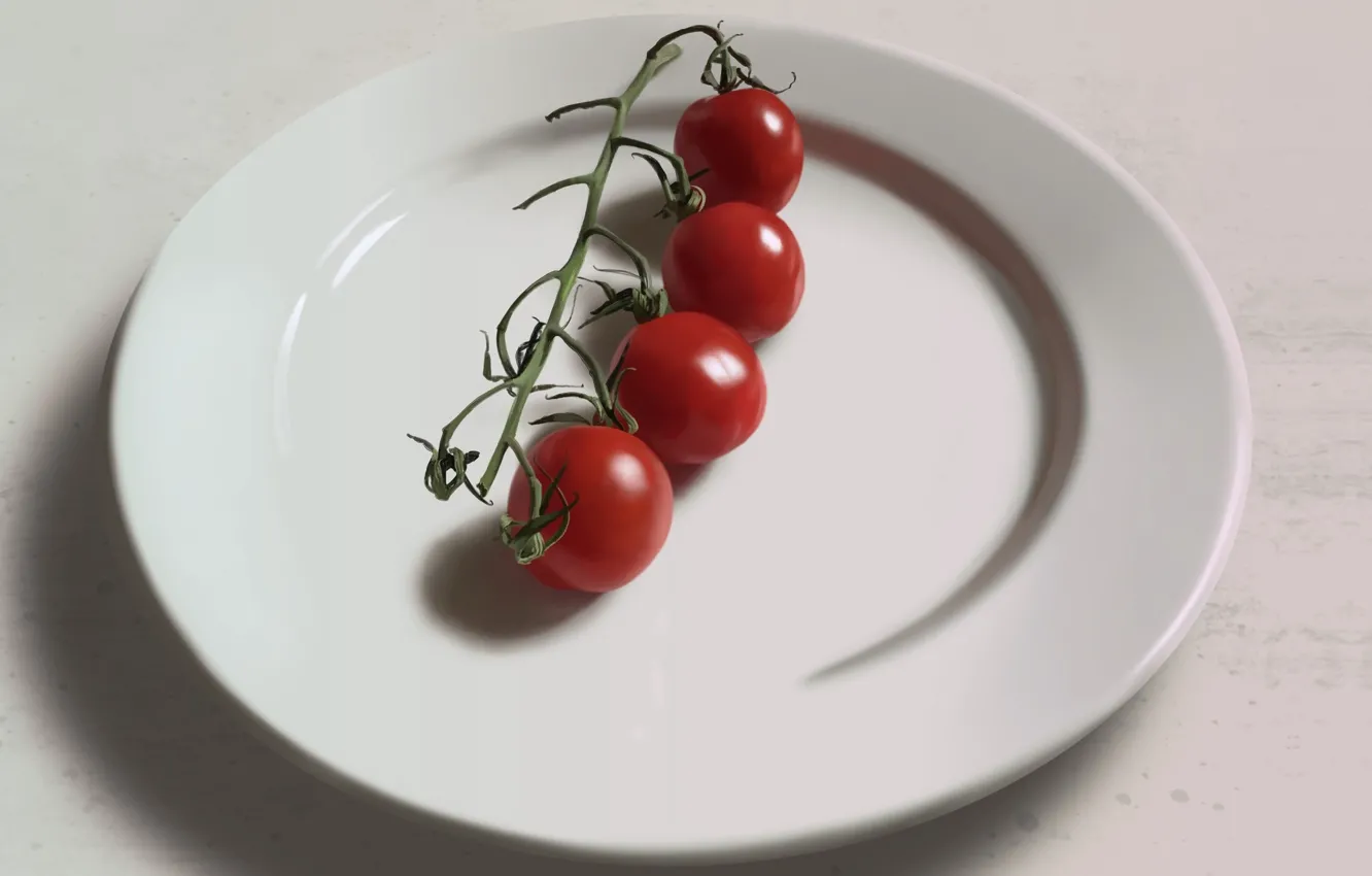Фото обои тарелка, натюрморт, томаты, черри, помидорки, Guenter Zimmermann, Four tomatoes on a plate.