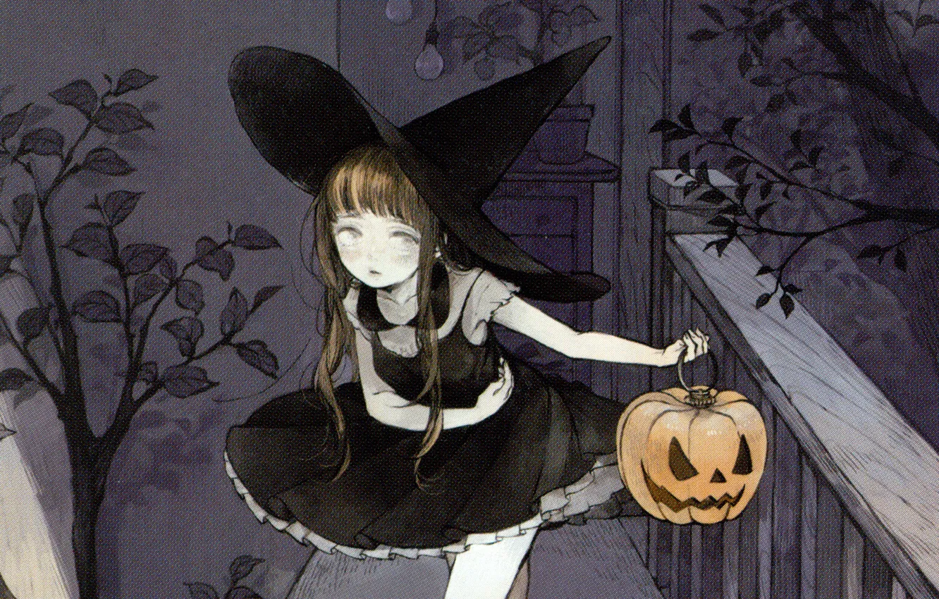 Фото обои вечер, перила, Halloween, тыква, art, светильник Джека, шляпа ведьмы, ведьмочка, Nekosuke