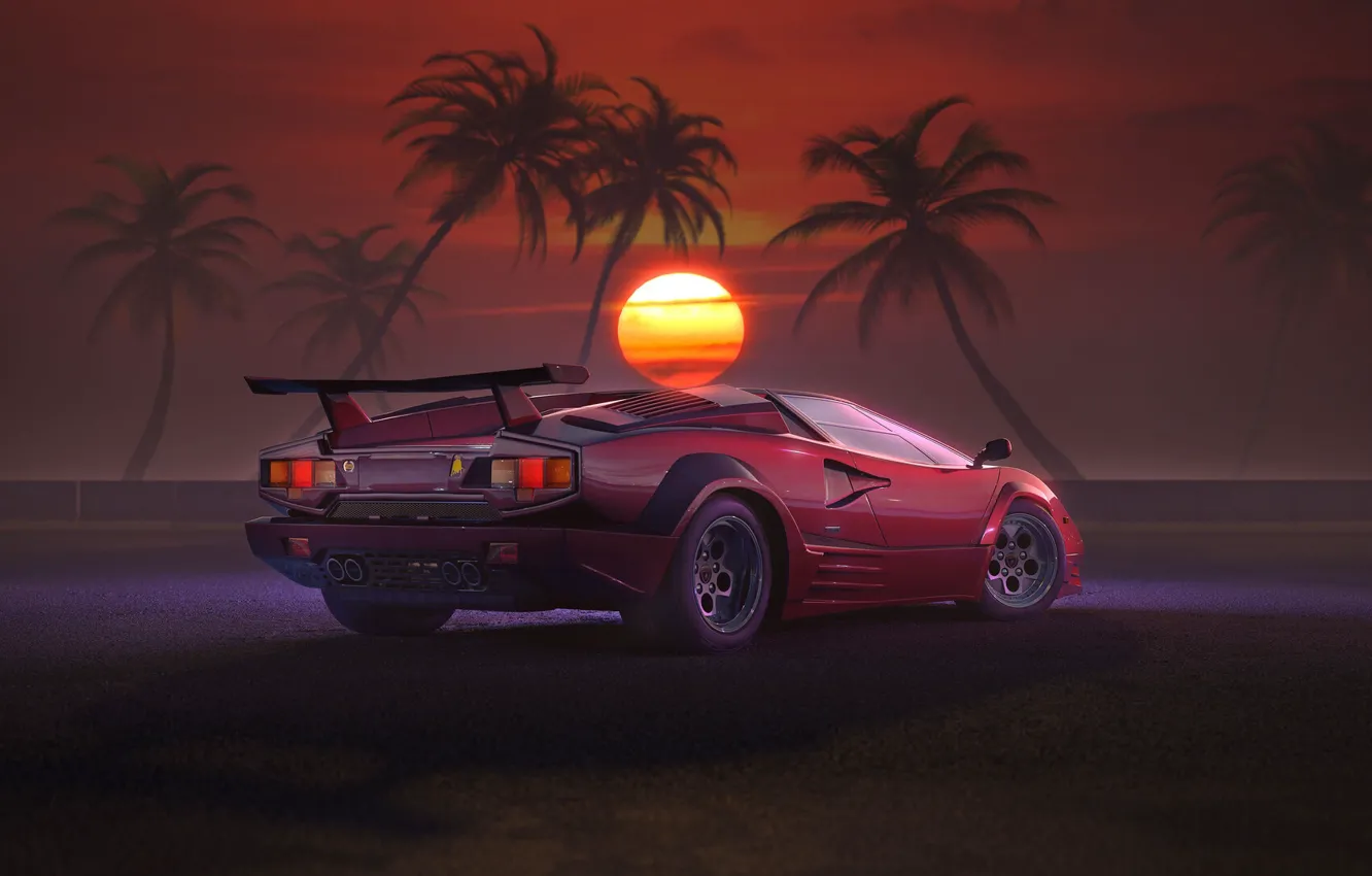 Обои Закат Солнце Авто Музыка Lamborghini Машина Стиль 80s. 