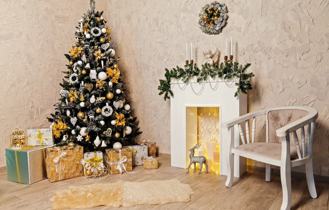 Фото обои украшения, шары, елка, Новый Год, Рождество, подарки, Christmas, balls, design, New Year, gift, room, interior, …
