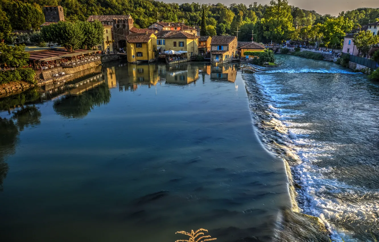 Фото обои отражение, река, здания, дома, Италия, Italy, Верона, Veneto, Valeggio sul Mincio, Borghetto, Mincio River, Река …