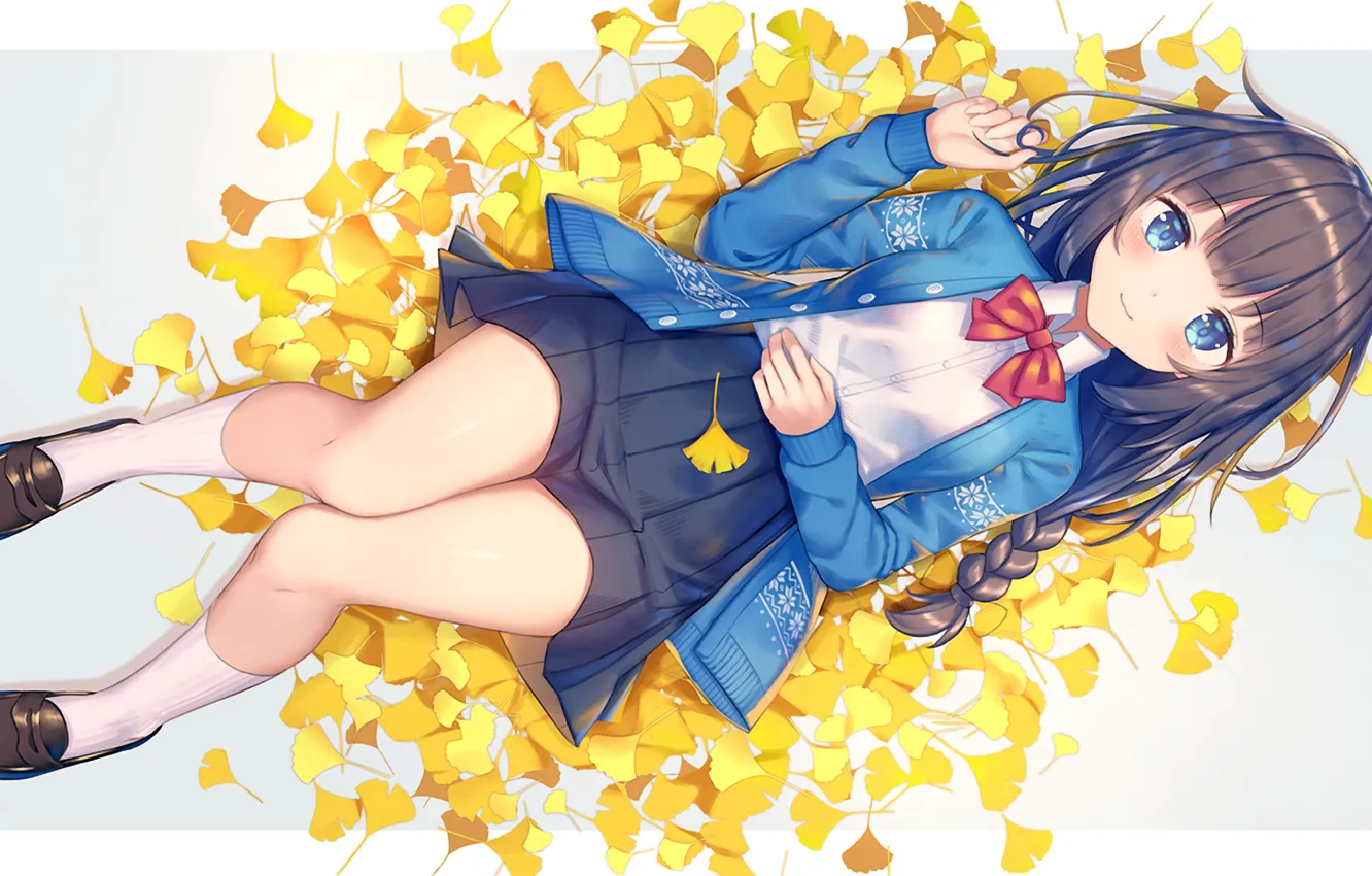 Фото обои осень, юбка, девочка, жёлтые листья