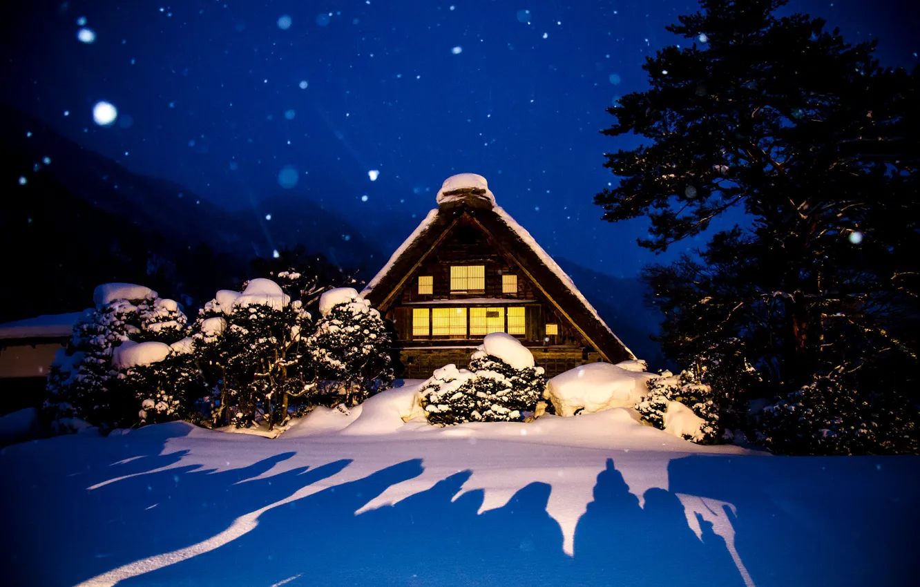 Фото обои зима, свет, снег, деревья, пейзаж, природа, дом, село, вечер, Япония, тени, Сиракава-го