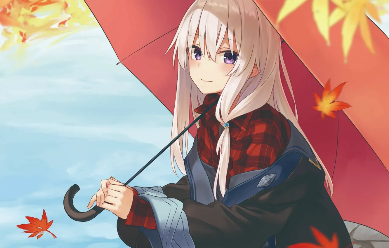 Фото обои осень, девушка, зонтик, зонт, листопад, жёлтые листья, The Journey of Elaina, Majo no Tabitabi
