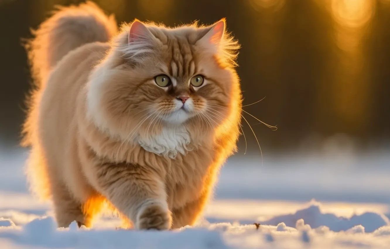 Фото обои зима, кошка, снег, пушистик, cat, winter, snow, meow, домашнее животное, мяу, pet, fluffy, AI art, …