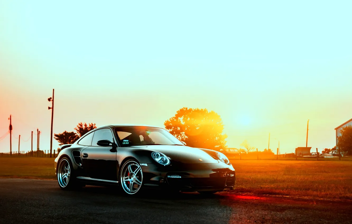 Фото обои Porsche, закат солнца, Porshe 997