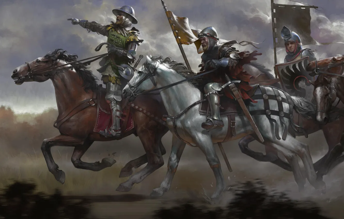 Фото обои sword, fantasy, armor, horse, digital art, artwork, warrior, fantasy art, Knight, medieval, helmet, banner, riding