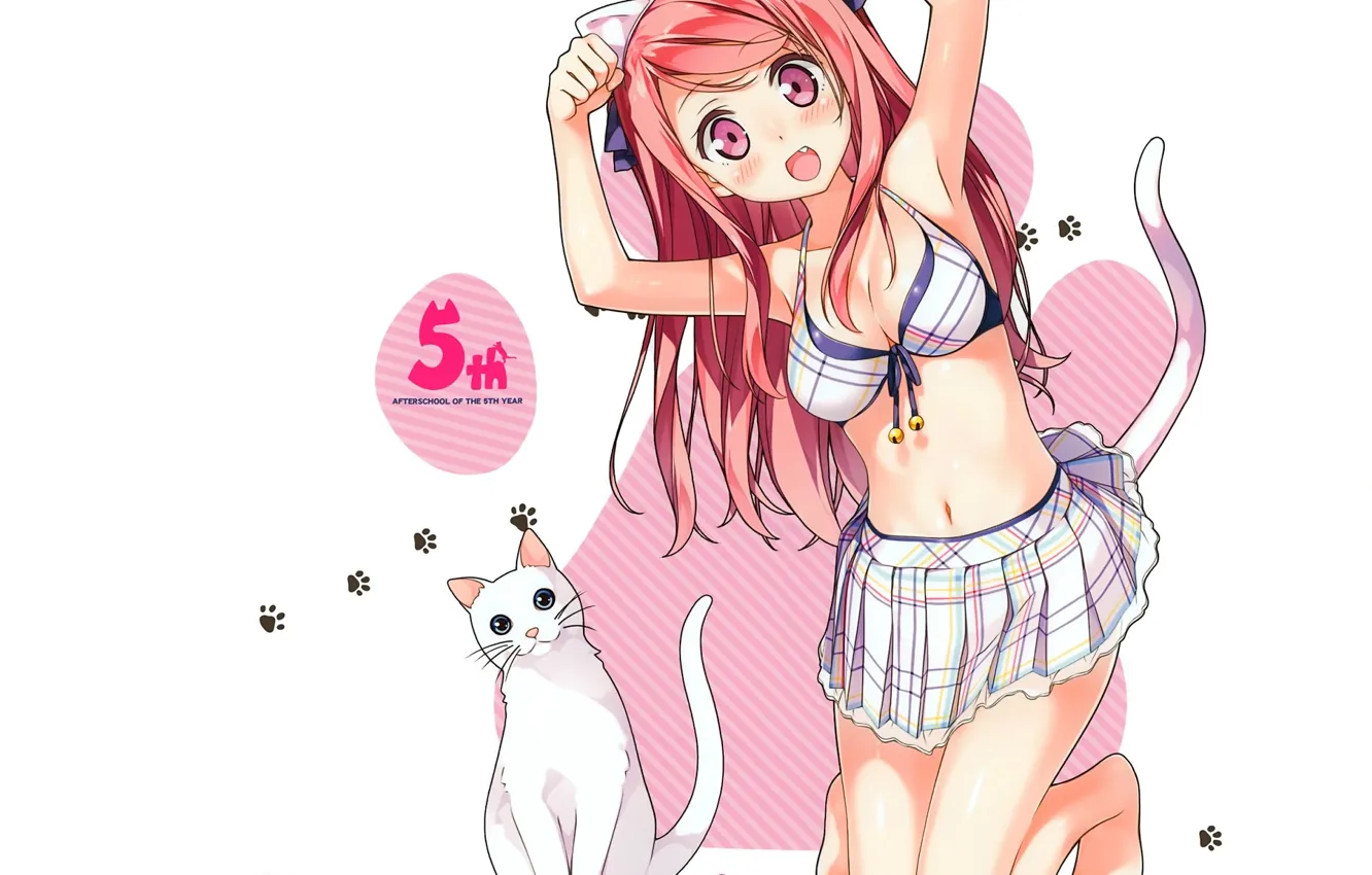 Фото обои следы, на коленях, кошачи ушки, белая кошка, кошачий хвост, Kurumi, рыжая девочка, by kantoku, юбка …