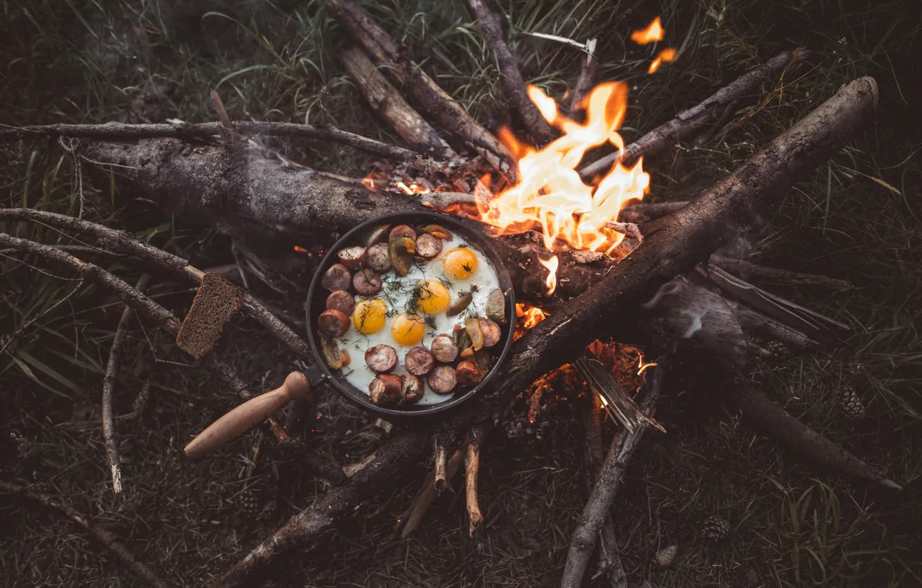 Фото обои wallpaper, fire, nature, food, background, branches, camping, sticks, bonfire, logs, pine cones, fried eggs, 4k …