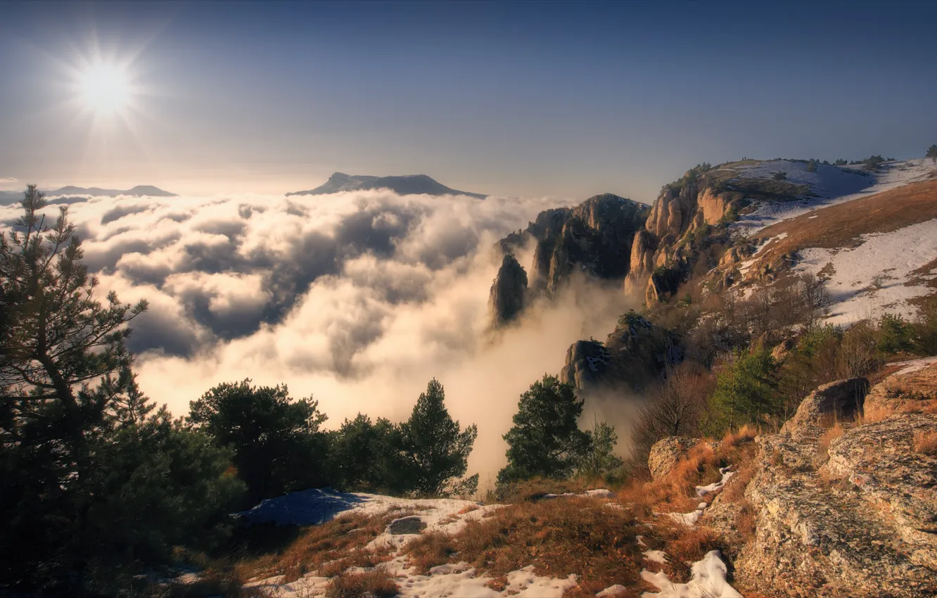 Фото обои солнце, облака, лучи, деревья, пейзаж, горы, природа, скалы, Алексей Богорянов