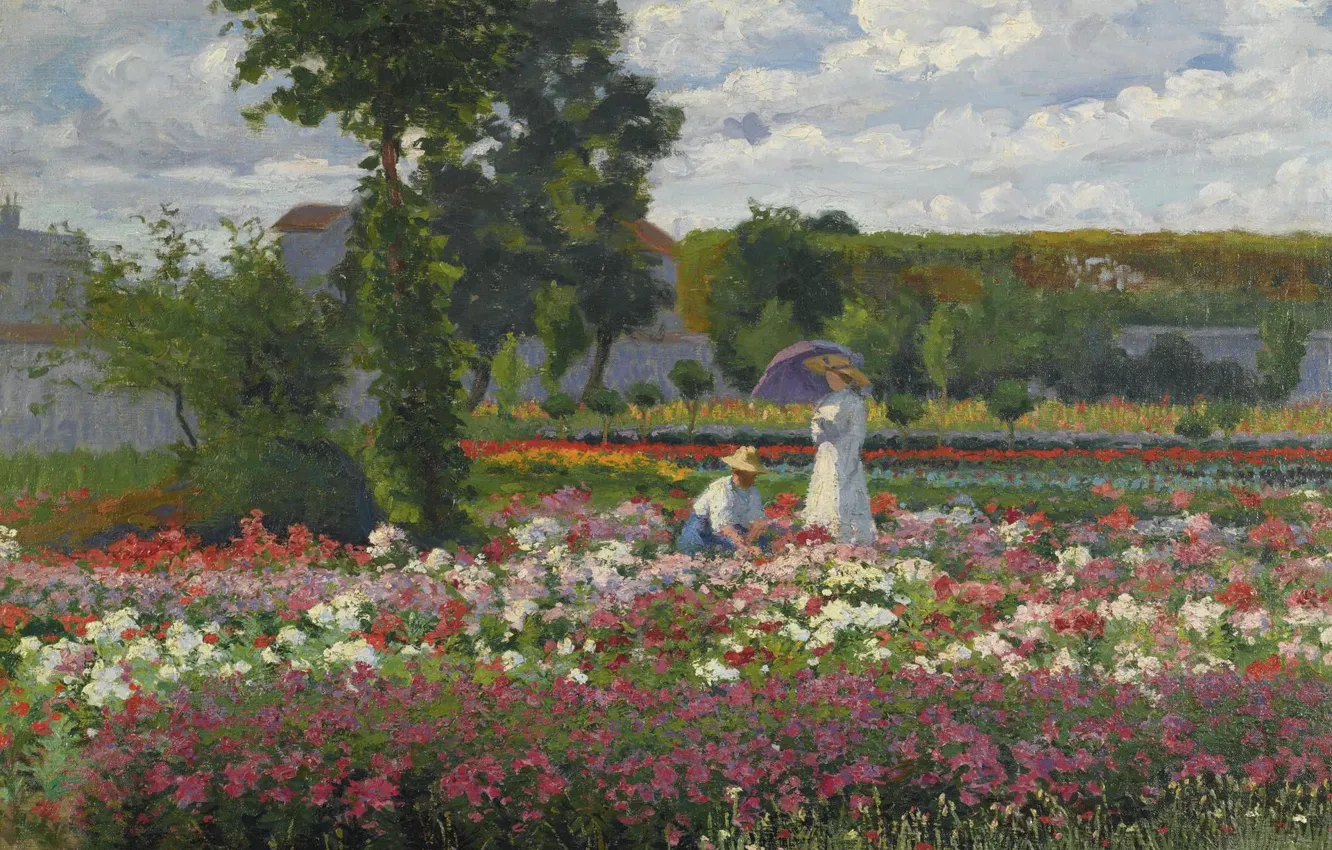 Фото обои пейзаж, цветы, картина, В Саду, Lorand Zubriczky, Лоранд Зубрицки