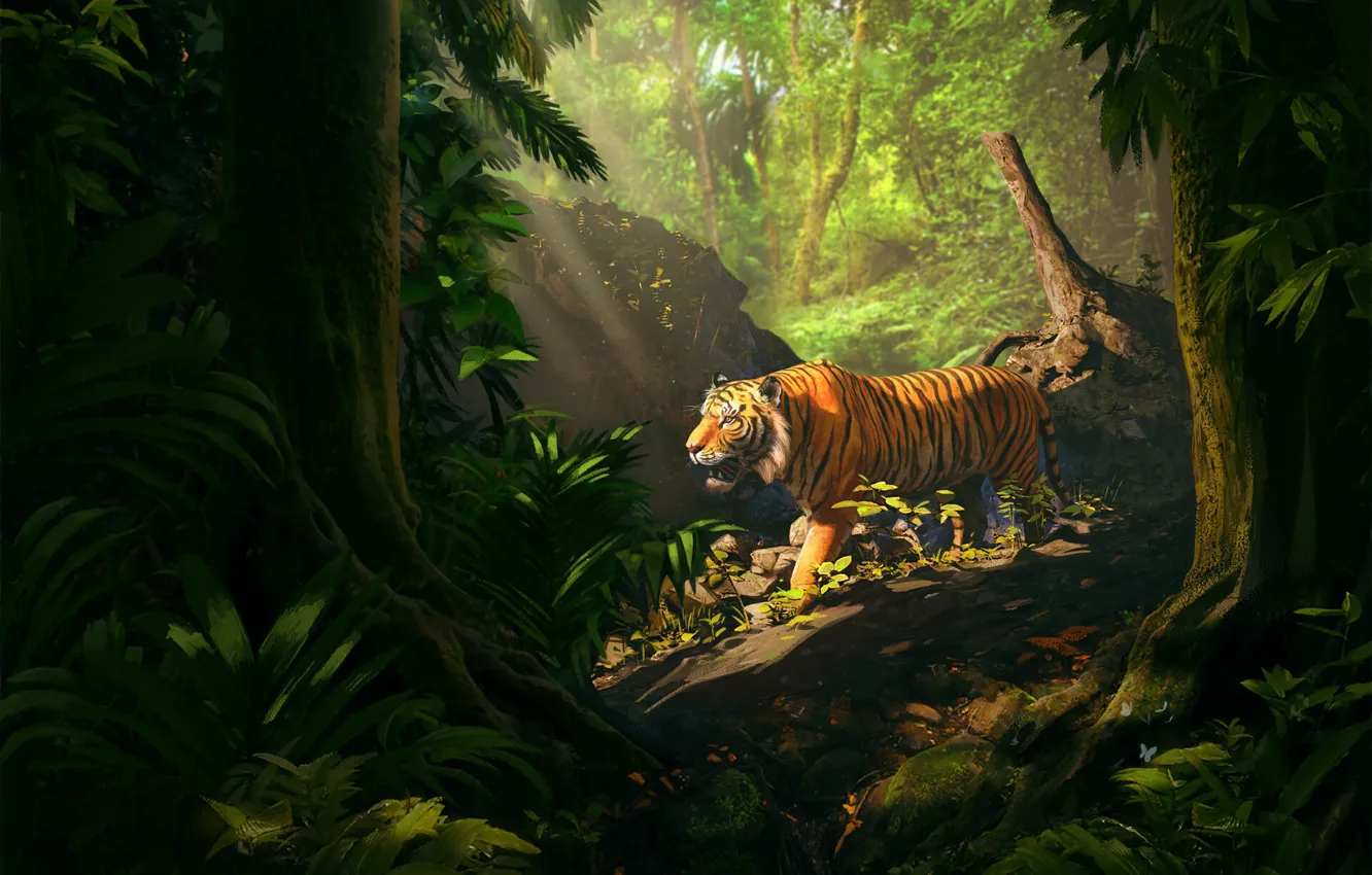 Фото обои природа, тигр, животное, хищник, джунгли, зверь, иллюстрация, digital art, 3D art, Ahmed Albastaki