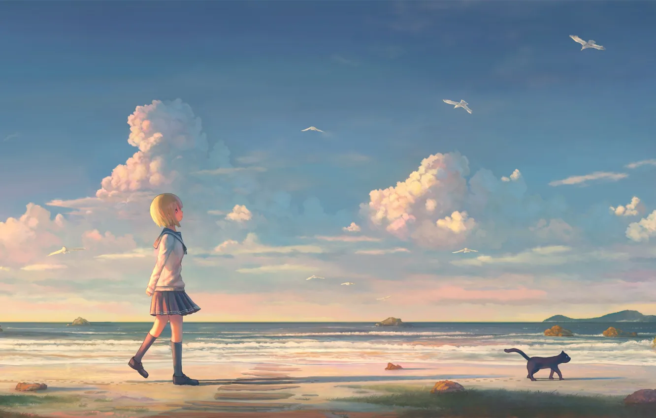 Фото обои пляж, чайки, девочка