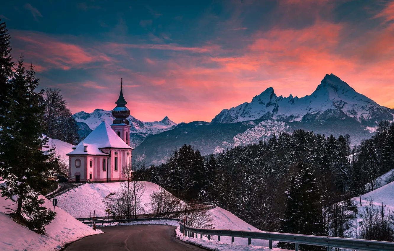 Фото обои зима, дорога, лес, горы, Германия, Бавария, церковь, Germany, Bavaria, Bavarian Alps, Баварские Альпы, Berchtesgaden, Берхтесгаден, …