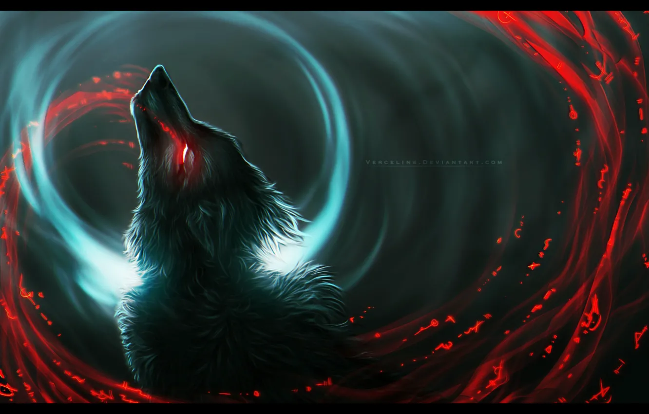 Фото обои волк, хищник, шерсть, оборотень, art, кровавые слезы, в темноте, горящий глаз, черная магия, Vyrosk