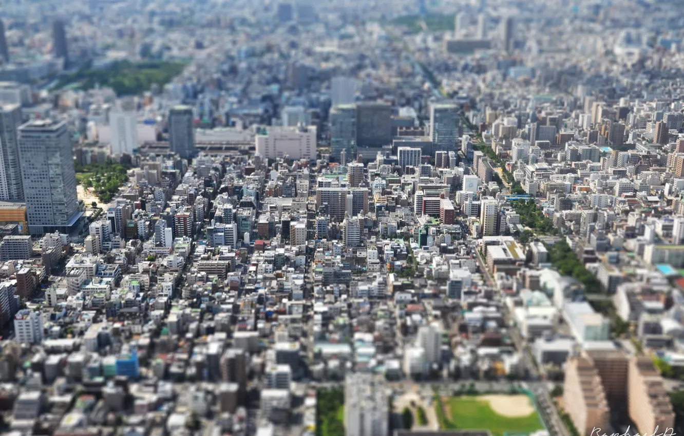 Фото обои Япония, Tokyo, Japan, вид сверху, tilt-shift, панорама города