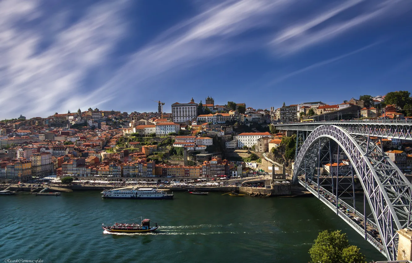 Фото обои мост, река, лодка, здания, дома, Португалия, Portugal, Porto, Порту, Douro River, Река Дуэро, Dom Luís …