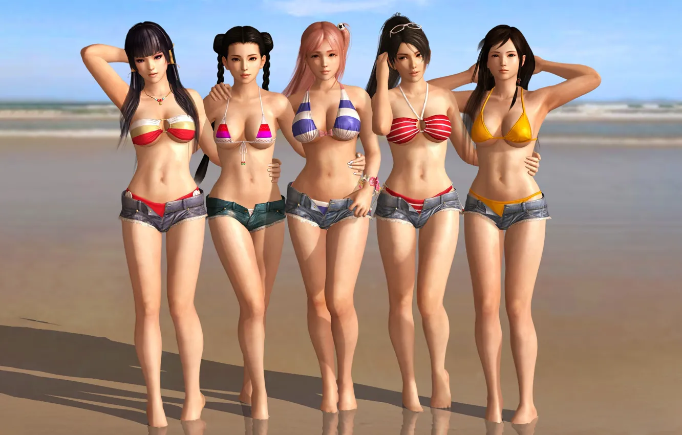 Обои girl, sexy, cleavage, beach, shorts, long hair, sea, bo